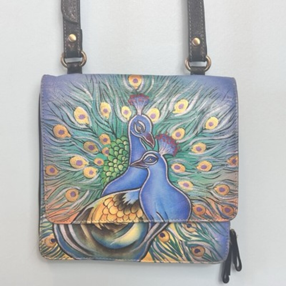 Sharif Collectible Handpainted Peacock Leather Crossbody Bag Festival Boho